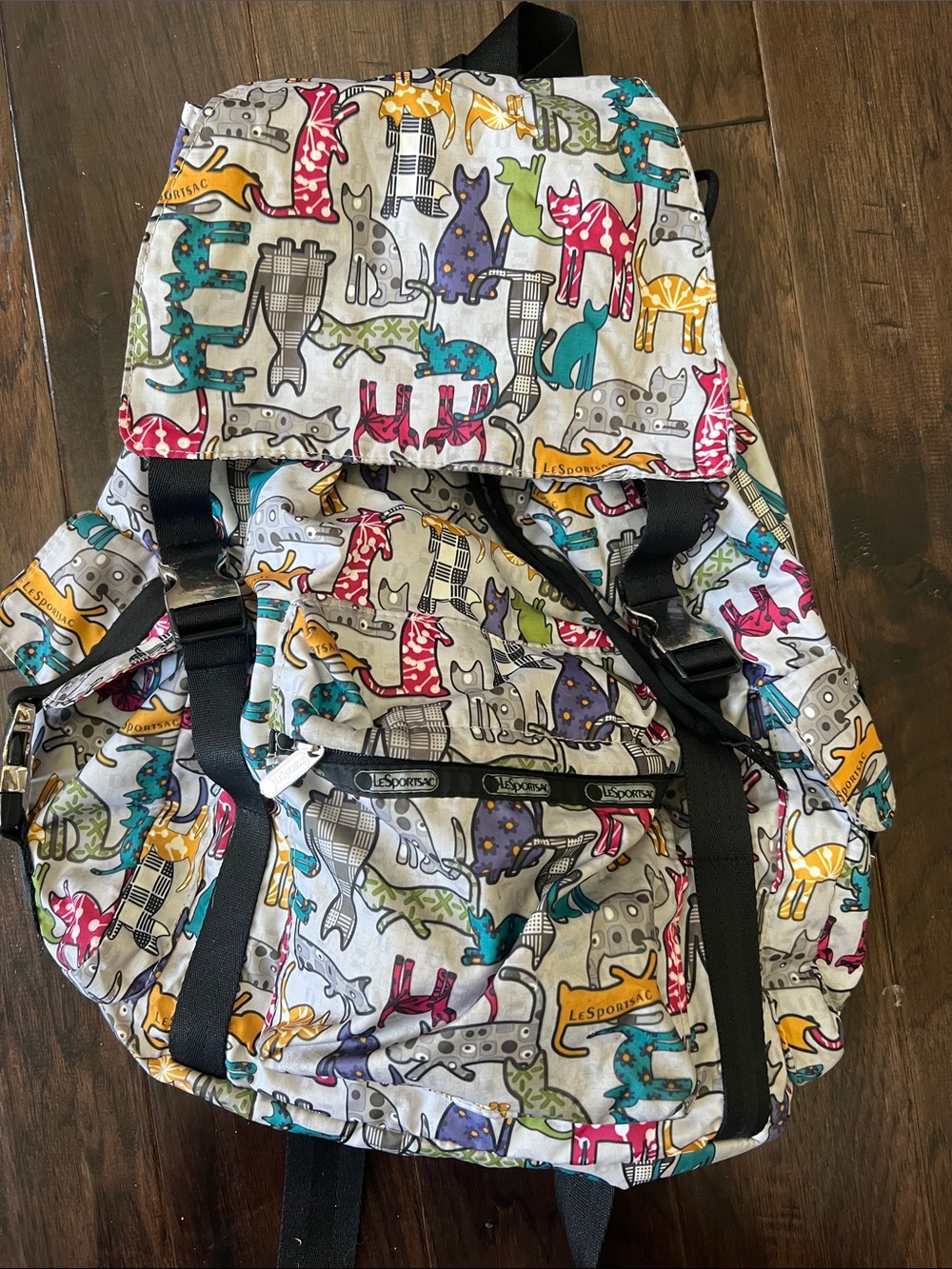 LeSportsac Voyager Multicolor Cats Meow Pattern Nylon Cinch Backpack Colorful